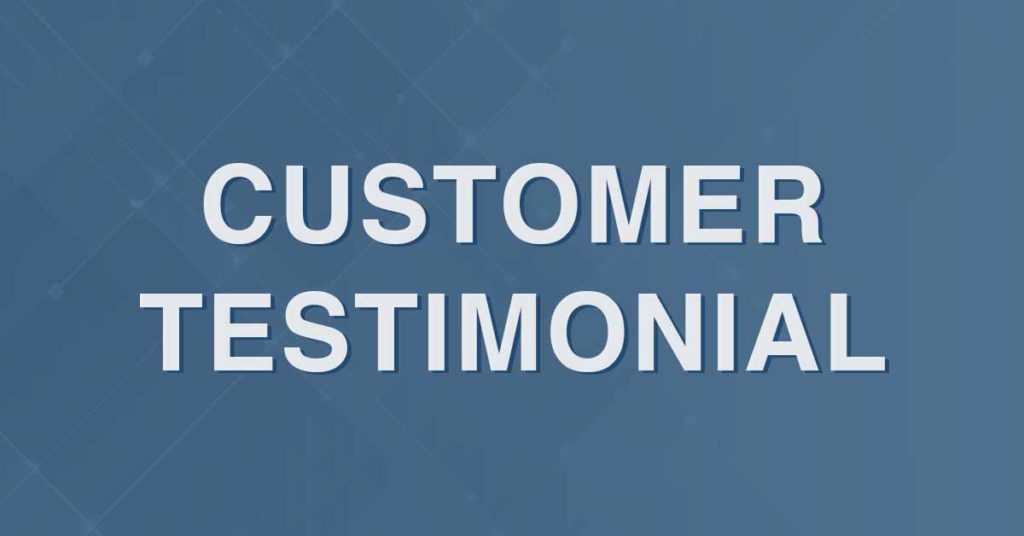 Customer testimonial for a mid-market plumbing, electrical and HVAC company showcased on a blue background.