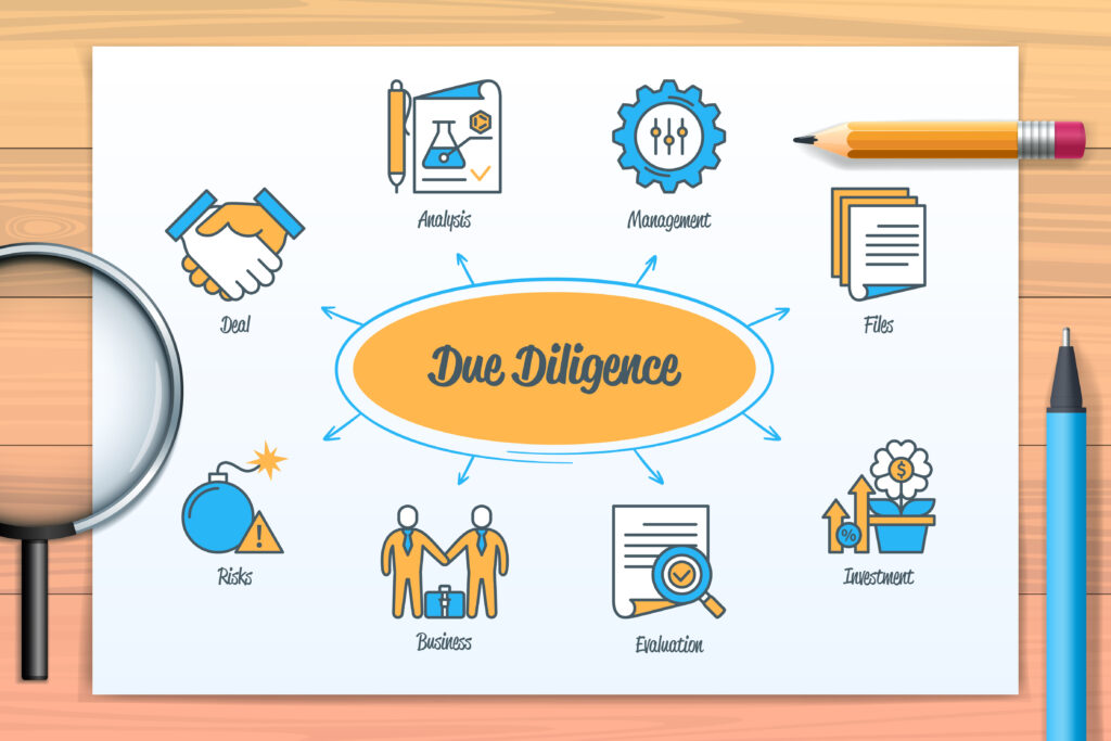 Illustration of a concept map centered on "due diligence," surrounded by related elements such as analytics, management, files, agreement, exploration, business sales, risks, and a handshake, depicted on.