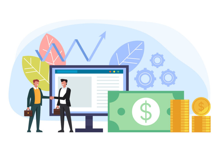 Two individuals in a business setting with a large computer screen displaying a graph related to maximizing returns, alongside symbols of currency and coins, indicative of financial growth or analysis.