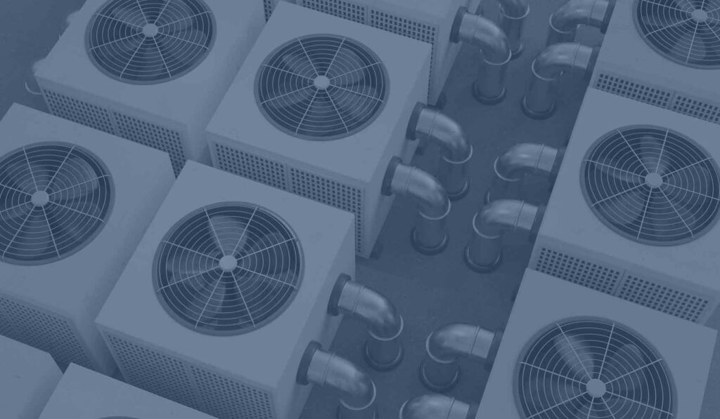 Top-down view of multiple air conditioning units with large fans on a building roof, owned by a private equity firm, presented in a monochromatic blue filter.