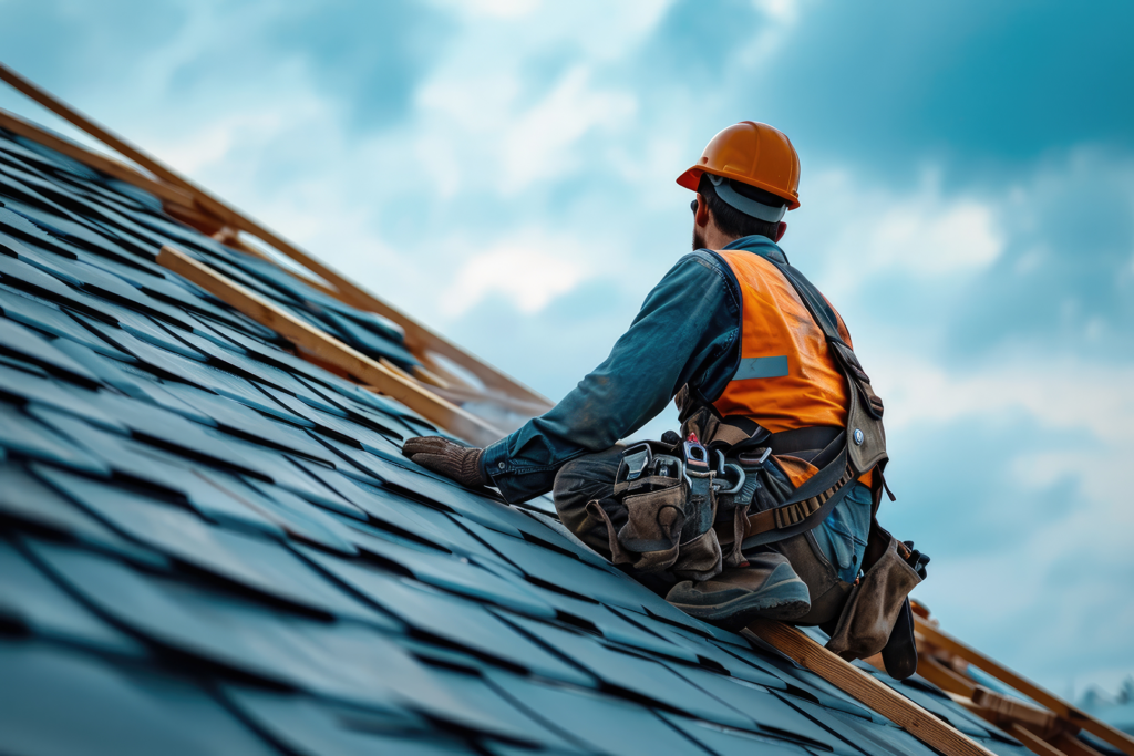 A construction worker wearing a hard hat, orange safety vest, and tool belt kneels on a pitched roof while installing tiles for a bustling roofing business.