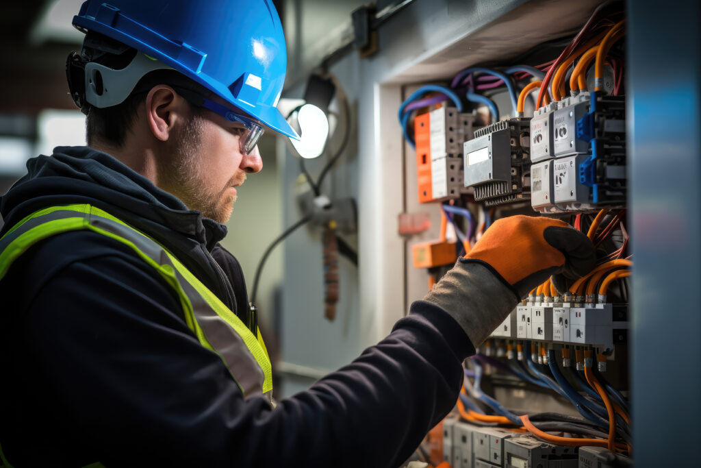 A worker wearing a blue hard hat, safety glasses, and an orange glove is meticulously inspecting and working on electrical wires in an electrical panel.