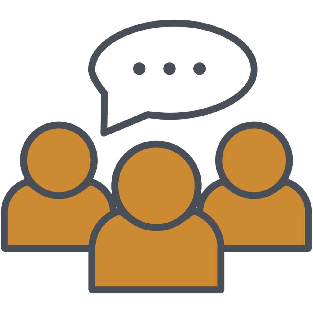 Icon of three people with a speech bubble containing three dots above them, representing communication or discussion, symbolizing the core values of TREP and the Four Pillars.