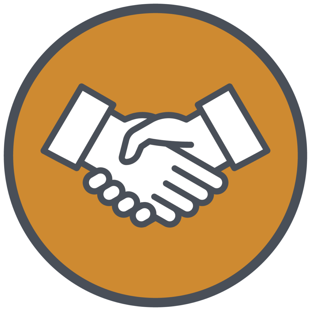 Icon of two hands shaking, symbolizing an agreement or partnership, often seen in the m&a process, set against an orange circular background with a grey border.