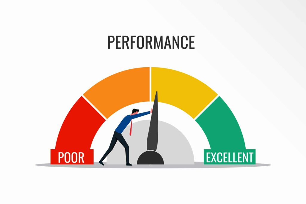 Illustration of a performance gauge showcasing the importance of pushing the needle from 'Poor' on the left, through 'Average' in the center, towards 'Excellent' on the right, with a man in a suit emphasizing how much it matters.