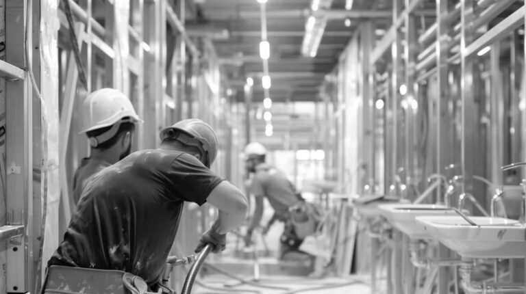 Construction workers wearing helmets and safety gear are diligently working inside a building under construction, with visible pipes and structural frameworks in the background—a bustling scene reminiscent of the meticulous preparation required to successfully sell your business.