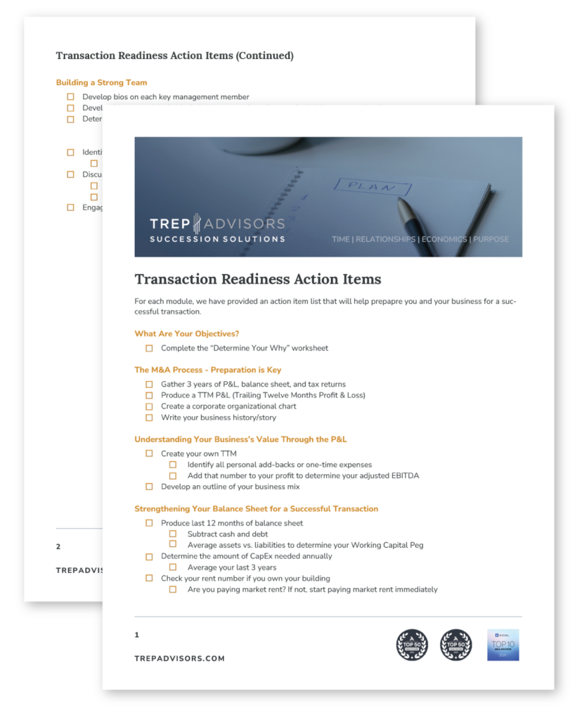 Two pages displaying the "Transaction Readiness Action Items" checklist by TREP Advisors, seamlessly integrating team building, goal setting, and business evaluation strategies to navigate the M&A process effectively.