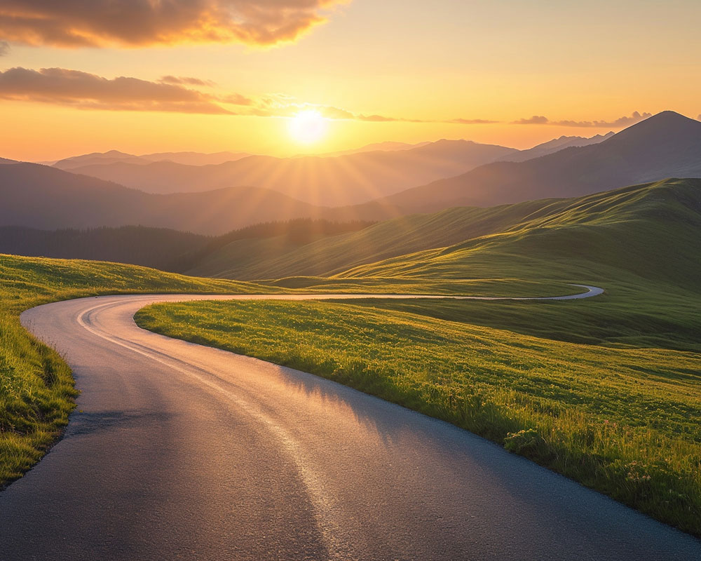 A winding road curves through green hills under a bright sunset, symbolizing the journey of successful business sales, with distant mountains representing new M&A opportunities illuminated by golden sunlight.