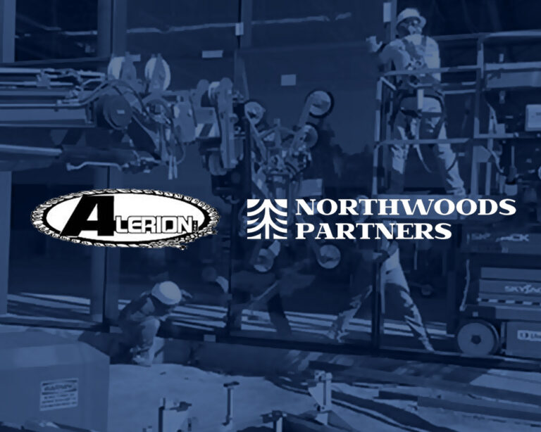 Construction workers install large glass panels on a building exterior. The Alerion Door and Glass and Northwoods Partners logos, highlighting their recent acquisition, are overlaid on the image.