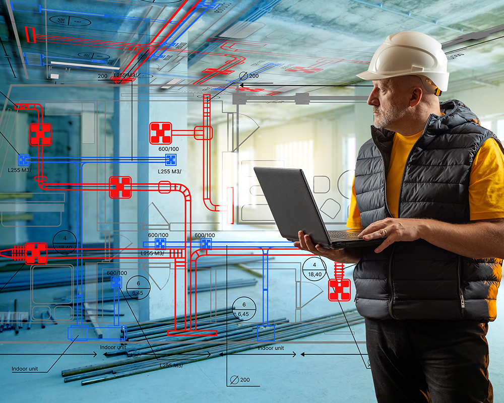 A man in a hard hat and safety vest holds a laptop while viewing a transparent overlay of HVAC business system schematics in a building under construction.