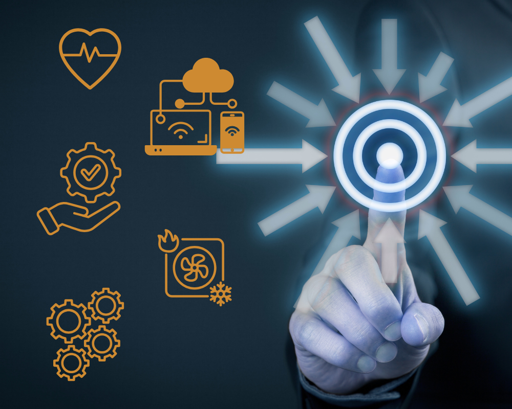 A person’s finger touches a digital target on screen, surrounded by technology, healthcare, gear, and maintenance icons in orange, symbolizing digital transformation and interconnected services—a nod to 2026 Private Equity acquisition targets.