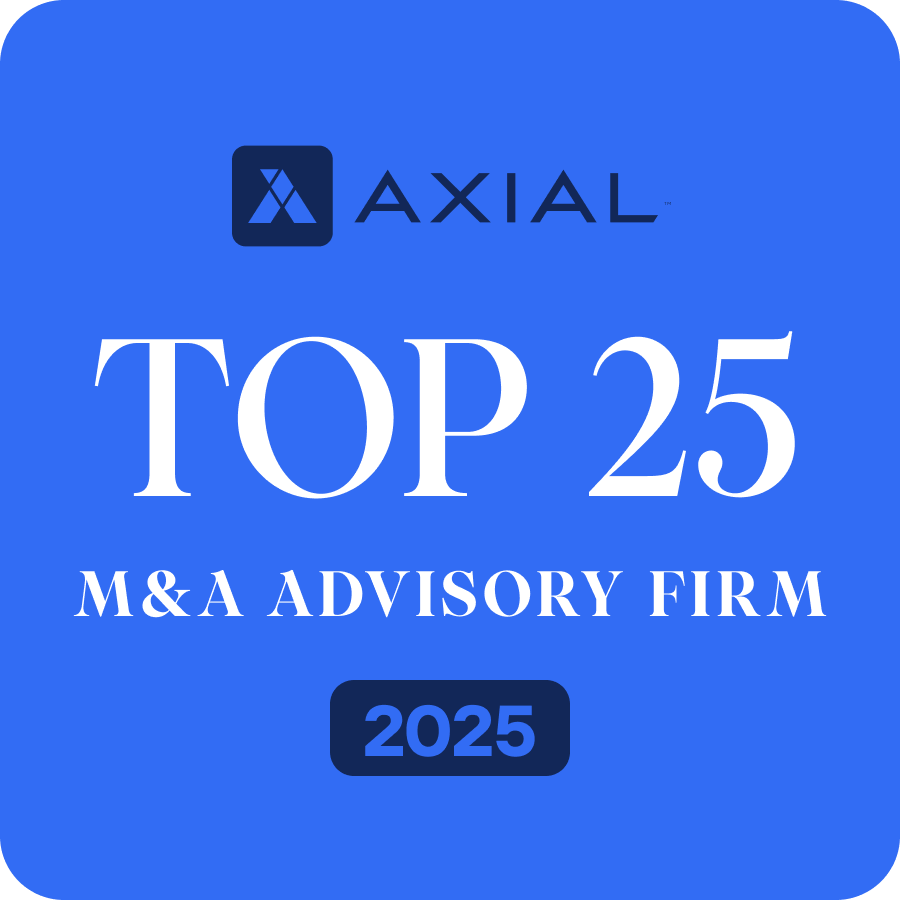 A blue graphic displaying "Axial Top 25 M&A Advisory Firm 2025" in white and dark blue text.