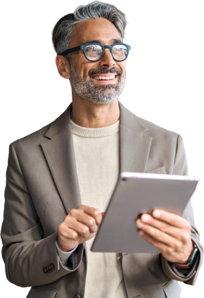 Older man looking at tablet for business valuation